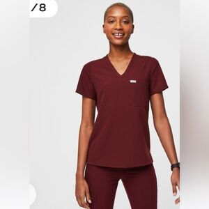 FIGS Technical Collection Catarina One Pocket Scrub Top in Burgundy.